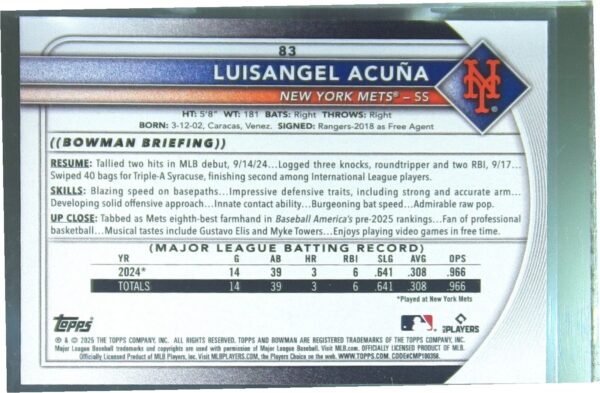 2025 Bowman Luisangel Acuna RC #83 Mets - Image 3