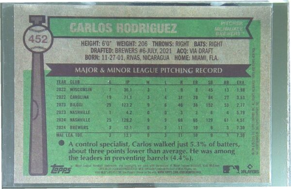 2025 Heritage Carlos Rodriguez Chrome Pink Sparkle Refractor RC #452 Brewers - Image 3