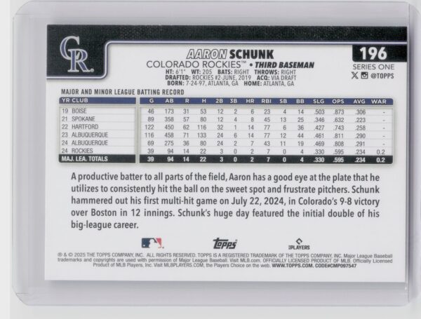 2025 Topps Aaron Schunk RC #196 Rockies - Image 3