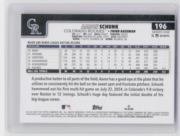 2025 Topps Aaron Schunk RC #196 Rockies - Image 3