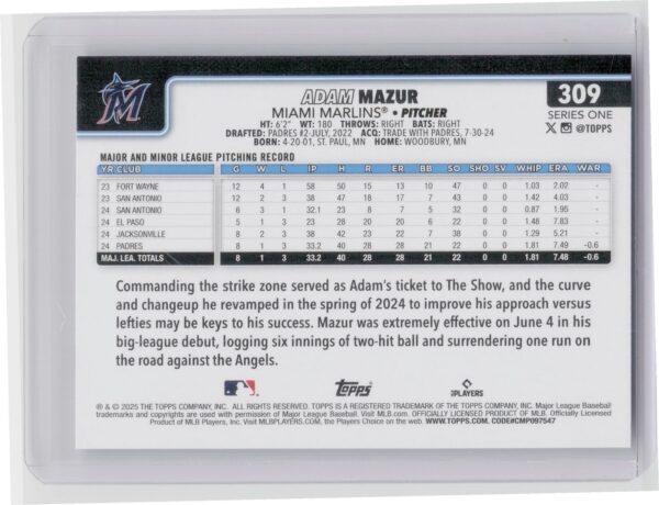 2025 Topps Adam Mazur RC #309 Marlins - Image 3