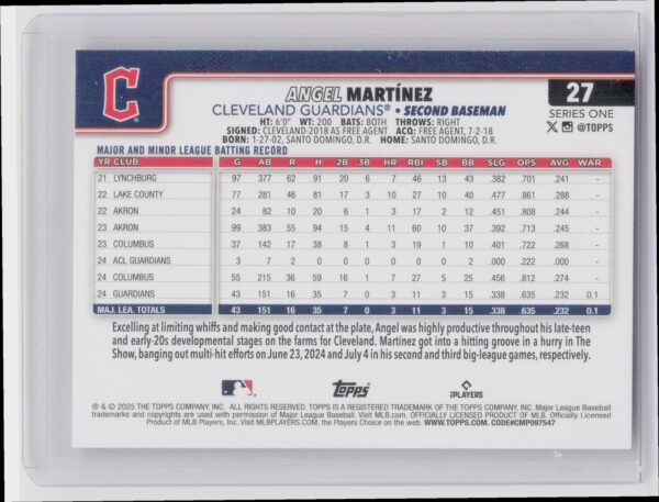 2025 Topps Angel Martinez RC #27 Guardians - Image 3