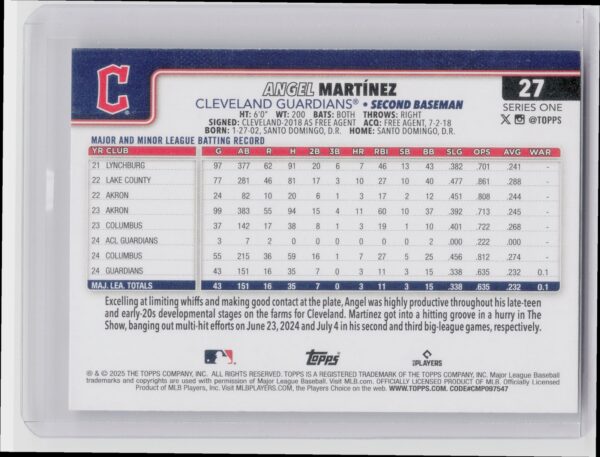 2025 Topps Angel Martinez RC #27 Guardians - Image 3