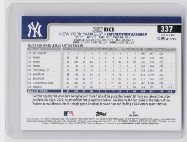 2025 Topps Ben Rice RC #337 Yankees - Image 3