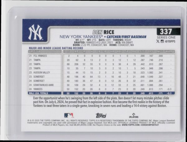 2025 Topps Ben Rice RC #337 Yankees - Image 3