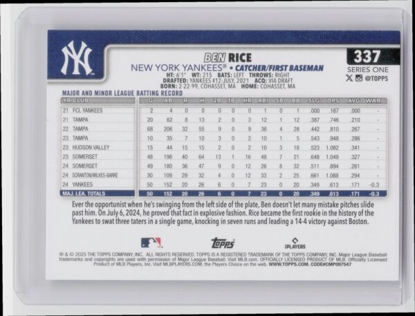2025 Topps Ben Rice RC #337 Yankees - Image 3
