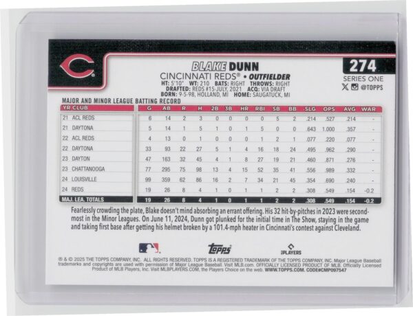 2025 Topps Blake Dunn Diamante Foil #274 Reds - Image 3