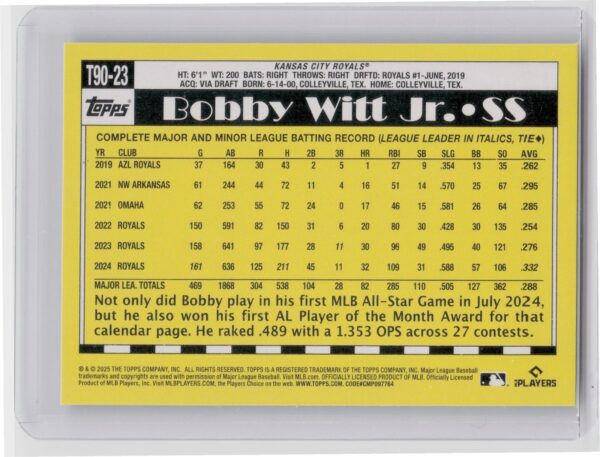 2025 Topps Bobby Witt Jr. #T90-23 Royals 1990 Topps Baseball 35th Anniversary - Image 3