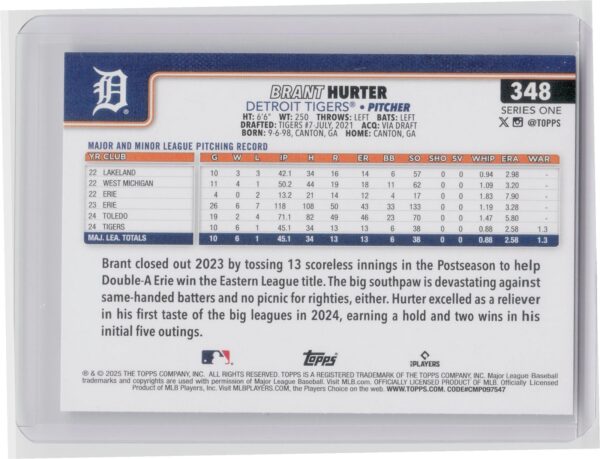 2025 Topps Brant Hurter RC #348 Tigers - Image 3