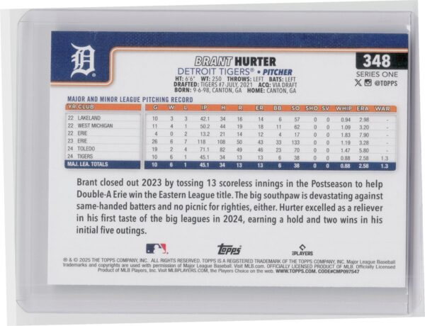 2025 Topps Brant Hurter RC #348 Tigers - Image 3
