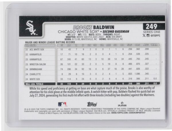 2025 Topps Brooks Baldwin RC #249 Sox - Image 3
