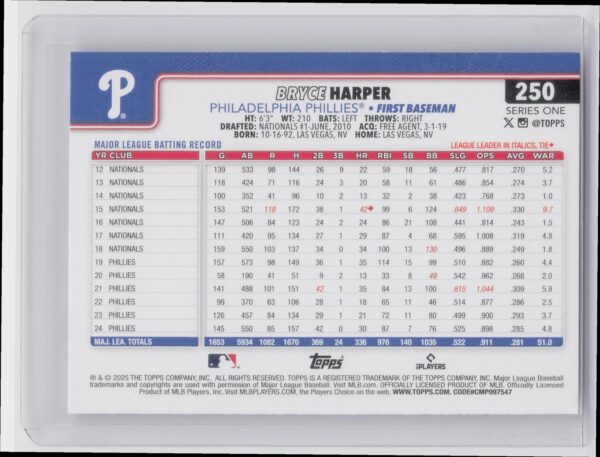 2025 Topps Bryce Harper #250 Phillies - Image 3