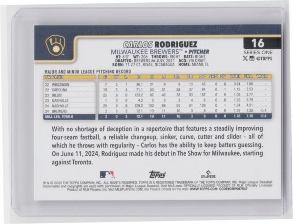 2025 Topps Carlos Rodriguez RC #16 Brewers - Image 3