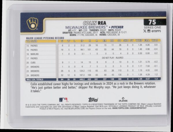 2025 Topps Colin Rea Diamante Foil #75 Brewers - Image 3