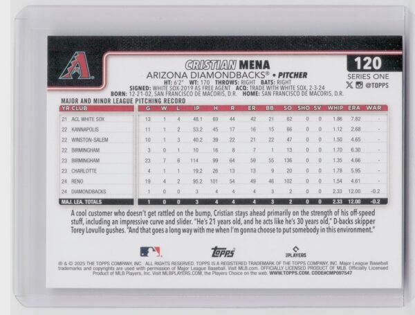 2025 Topps Cristian Mena RC #120 Diamondbacks - Image 3
