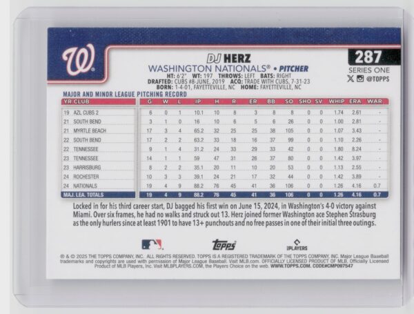2025 Topps DJ Herz RC #287 Nationals - Image 3