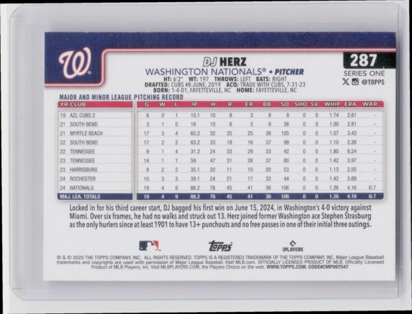 2025 Topps DJ Herz RC #287 Nationals - Image 3