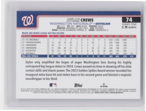 2025 Topps Dylan Crews #74 Nationals - Image 3