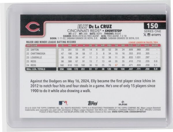 2025 Topps Elly De La Cruz #150 Reds - Image 3