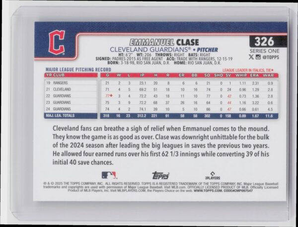 2025 Topps Emmanuel Clase Diamante Foil #326 Guardians - Image 3