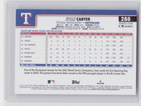2025 Topps Evan Carter #288 Rangers - Image 3