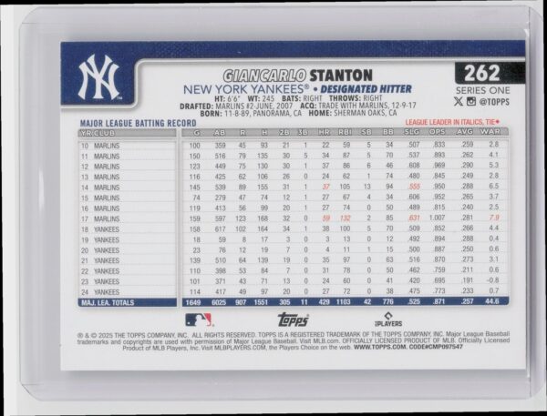2025 Topps Giancarlo Stanton Diamante Foil #262 Yankees - Image 3