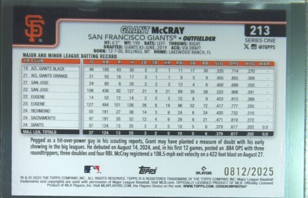 2025 Topps Grant McCray Gold /2025 RC #213 Giants - Image 3