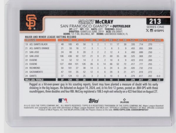 2025 Topps Grant McCray RC #213 Giants - Image 3