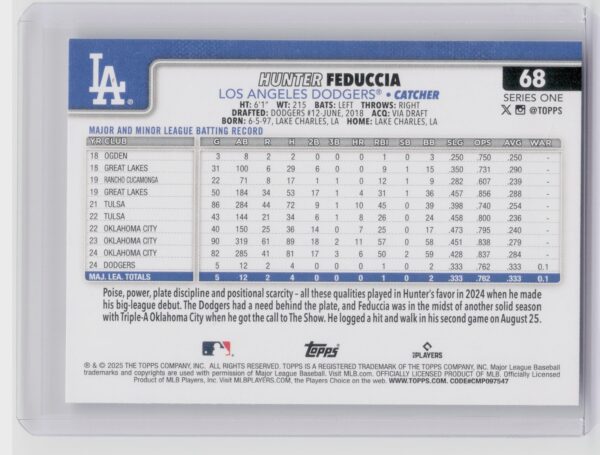 2025 Topps Hunter Feduccia RC #68 Dodgers - Image 3