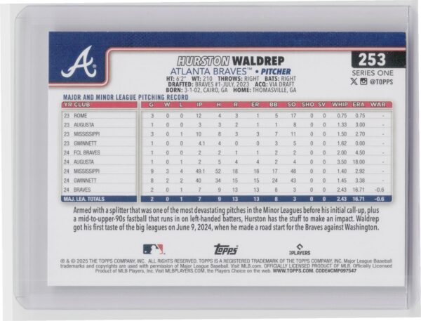 2025 Topps Hurston Waldrep RC #253 Braves - Image 3