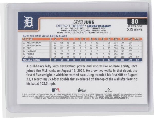 2025 Topps Jace Jung RC #80 Tigers - Image 3