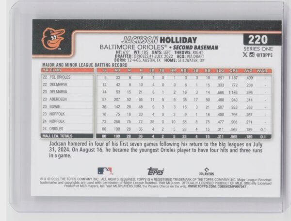 2025 Topps Jackson Holliday #220 Orioles - Image 3