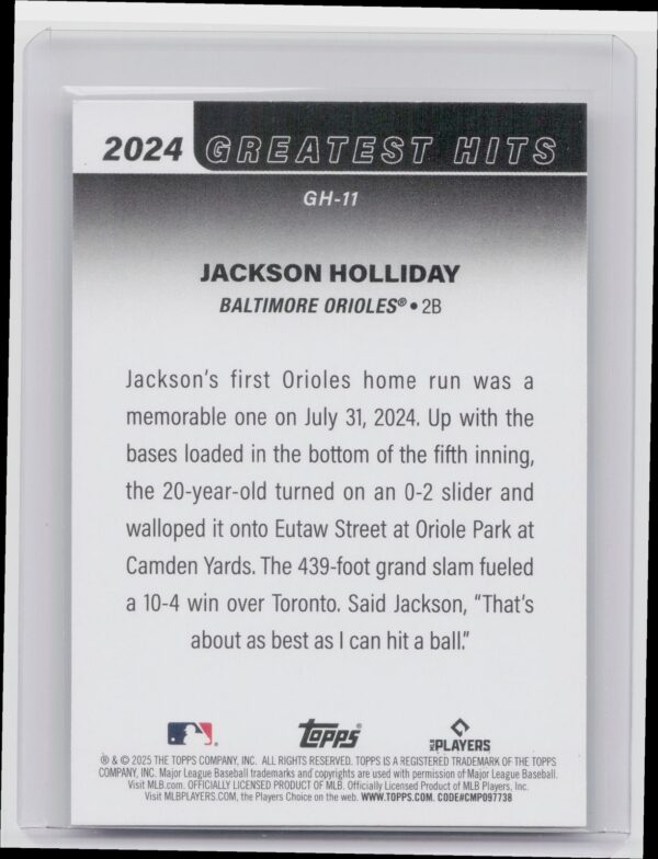 2025 Topps Jackson Holliday #GH-11 Orioles 2024 Greatest Hits - Image 3