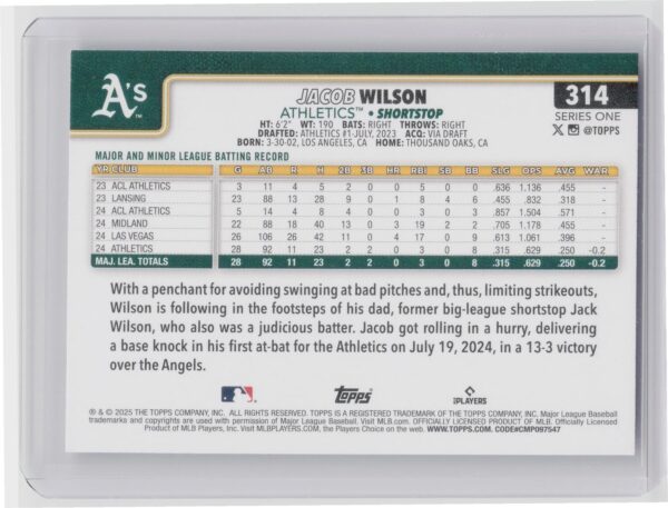 2025 Topps Jacob Wilson RC #314 Athletics - Image 3