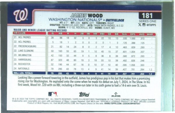 2025 Topps James Wood RC #181 Nationals - Image 3