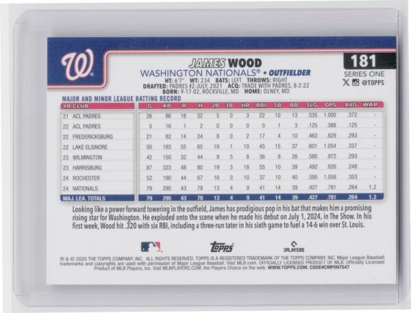2025 Topps James Wood RC #181 Nationals - Image 3