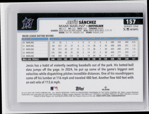 2025 Topps Jesus Sanchez Diamante Foil #157 Marlins - Image 3