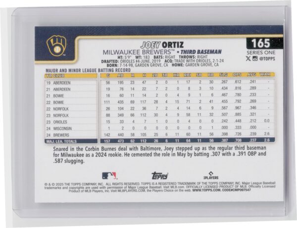 2025 Topps Joey Ortiz #165 Brewers - Image 3
