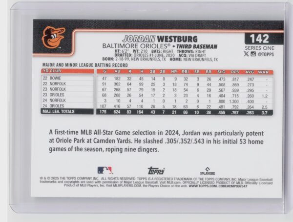 2025 Topps Jordan Westburg #142 Orioles - Image 3