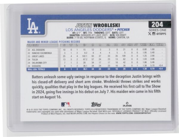 2025 Topps Justin Wrobleski RC #204 Dodgers - Image 3