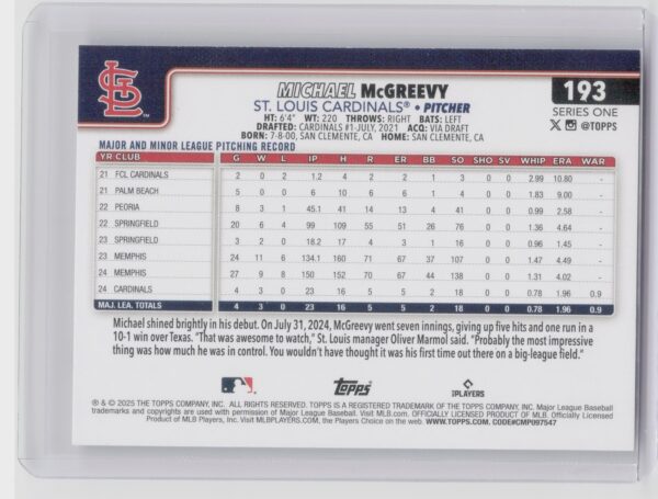 2025 Topps Michael McGreevy RC #193 Cardinals - Image 3
