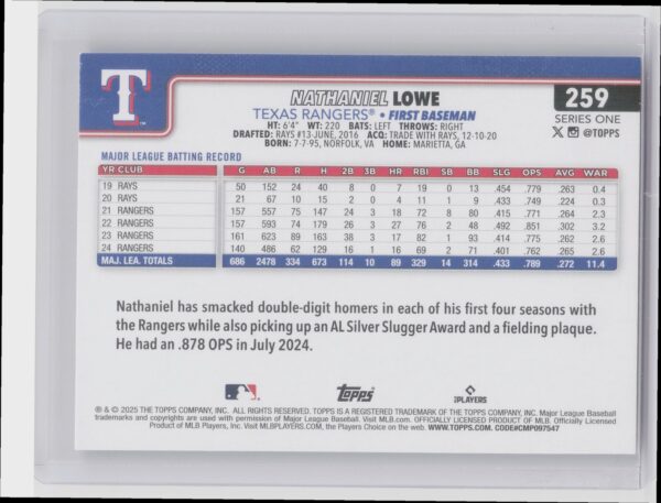 2025 Topps Nathaniel Lowe Rainbow Foil #259 Rangers - Image 3