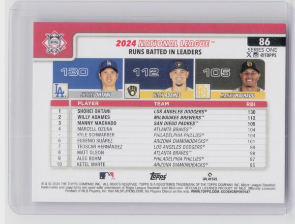 2025 Topps National League Leaders RBI (Shohei Ohtani / Willy Adames / Manny Mac - Image 3