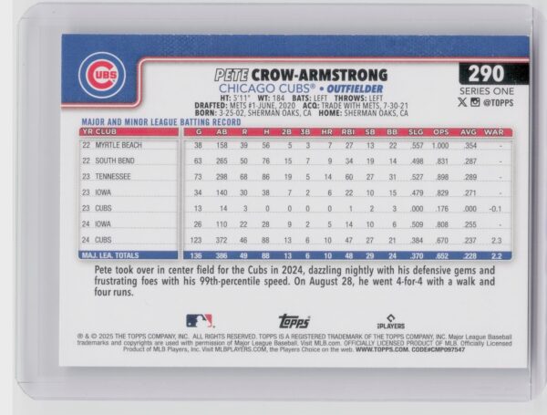2025 Topps Pete Crow-Armstrong #290 Cubs - Image 3