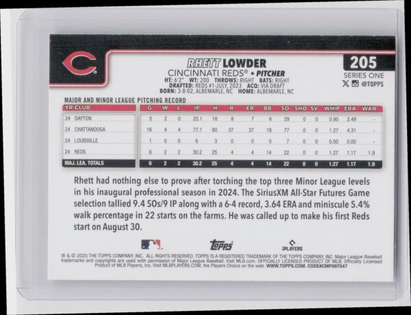 2025 Topps Rhett Lowder RC #205 Reds - Image 3