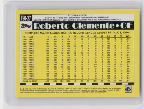 2025 Topps Roberto Clemente #T90-27 Pirates 1990 Topps Baseball 35th Anniversary - Image 3