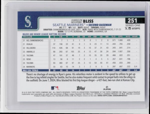 2025 Topps Ryan Bliss RC #251 Mariners - Image 3