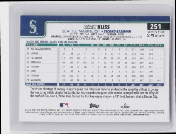 2025 Topps Ryan Bliss RC #251 Mariners - Image 3