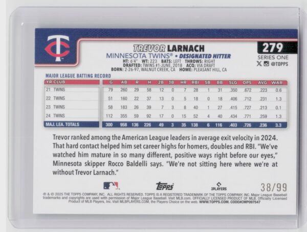 2025 Topps Trevor Larnach Green Holo Foil /99 #279 Twins - Image 3