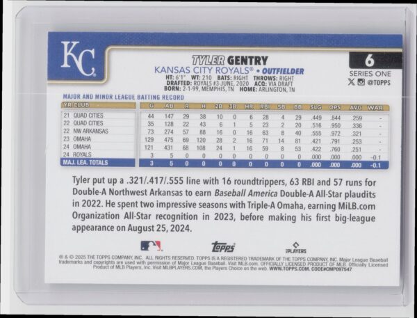 2025 Topps Tyler Gentry RC #6 Royals - Image 3